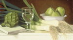 28, Artichoke With Leeks and Pears, 1993, oil on board, 12 x 22. Please inquire.